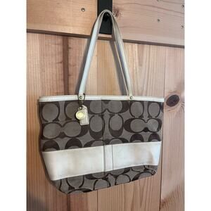 COACH 10124 KHAKI SIGNATURE STRIPE CREAM LEATHER TOTE BAG PURSE HANDBAG